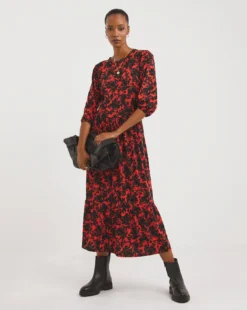 Soft Touch Midi Smock Dress| Red/Black Prt
