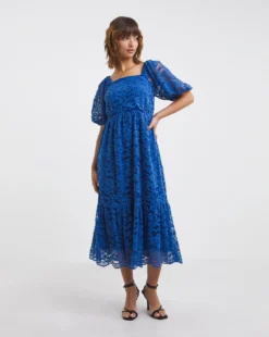 Square Neck Lace Midi Dress| Blue