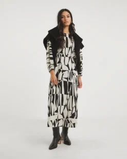 Mono Print Balloon Sleeve Tea Dress| Mono Print