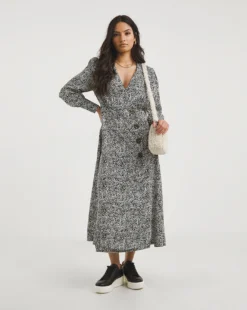 Mono Print Asymmetric Wrap Button Tea Dress| Mono Print