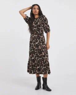 Open Tie Back Midi Jersey Smock Dress| Brown Multi-coloured