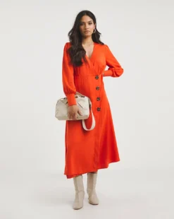 Asymmetric Wrap Button Tea Dress| Red Orange