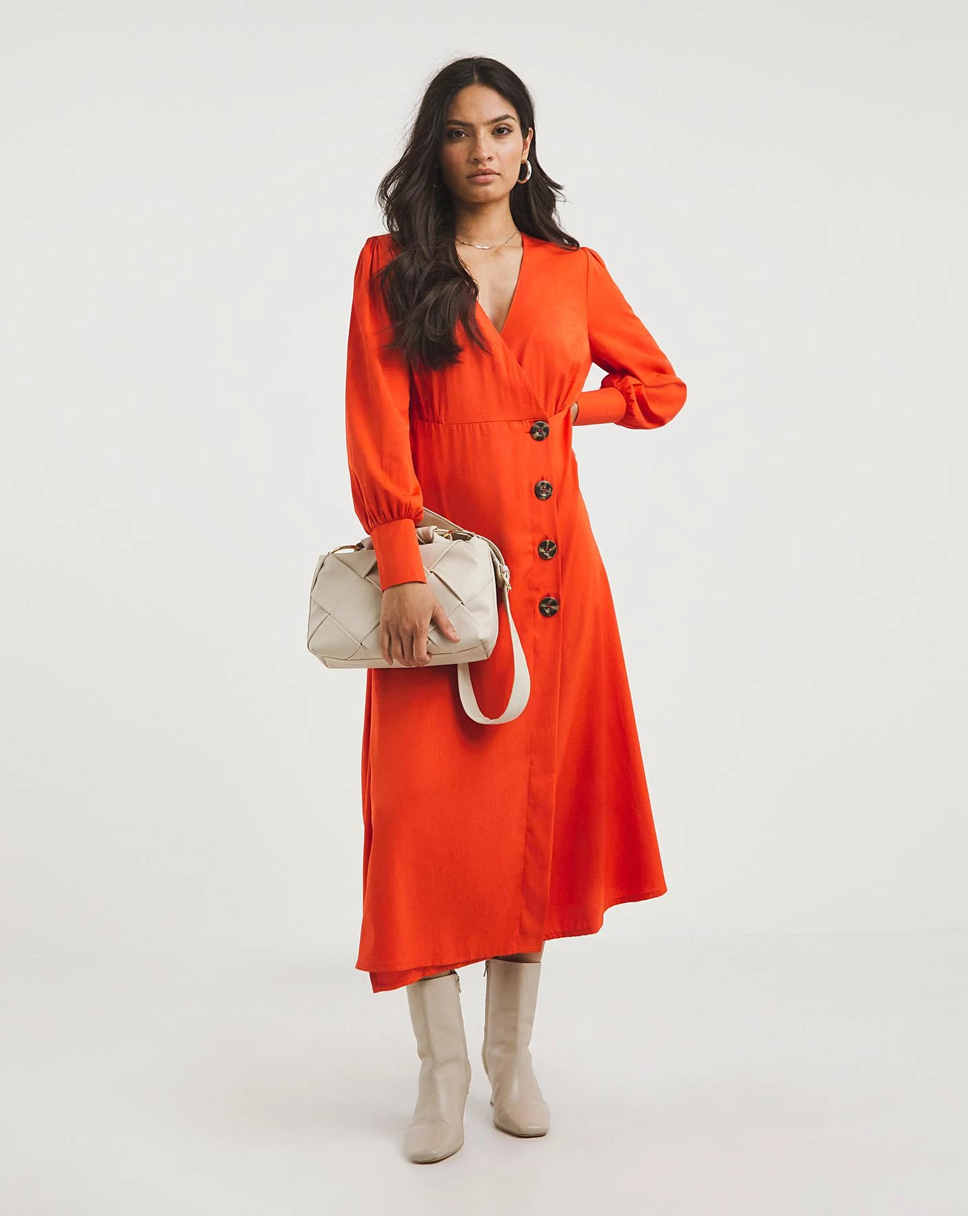 Asymmetric Wrap Button Tea Dress| Red Orange 1 Asymmetric Wrap Button Tea Dress| Red Orange