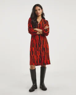 Soft Touch Button Front Dress| Black/Red Print