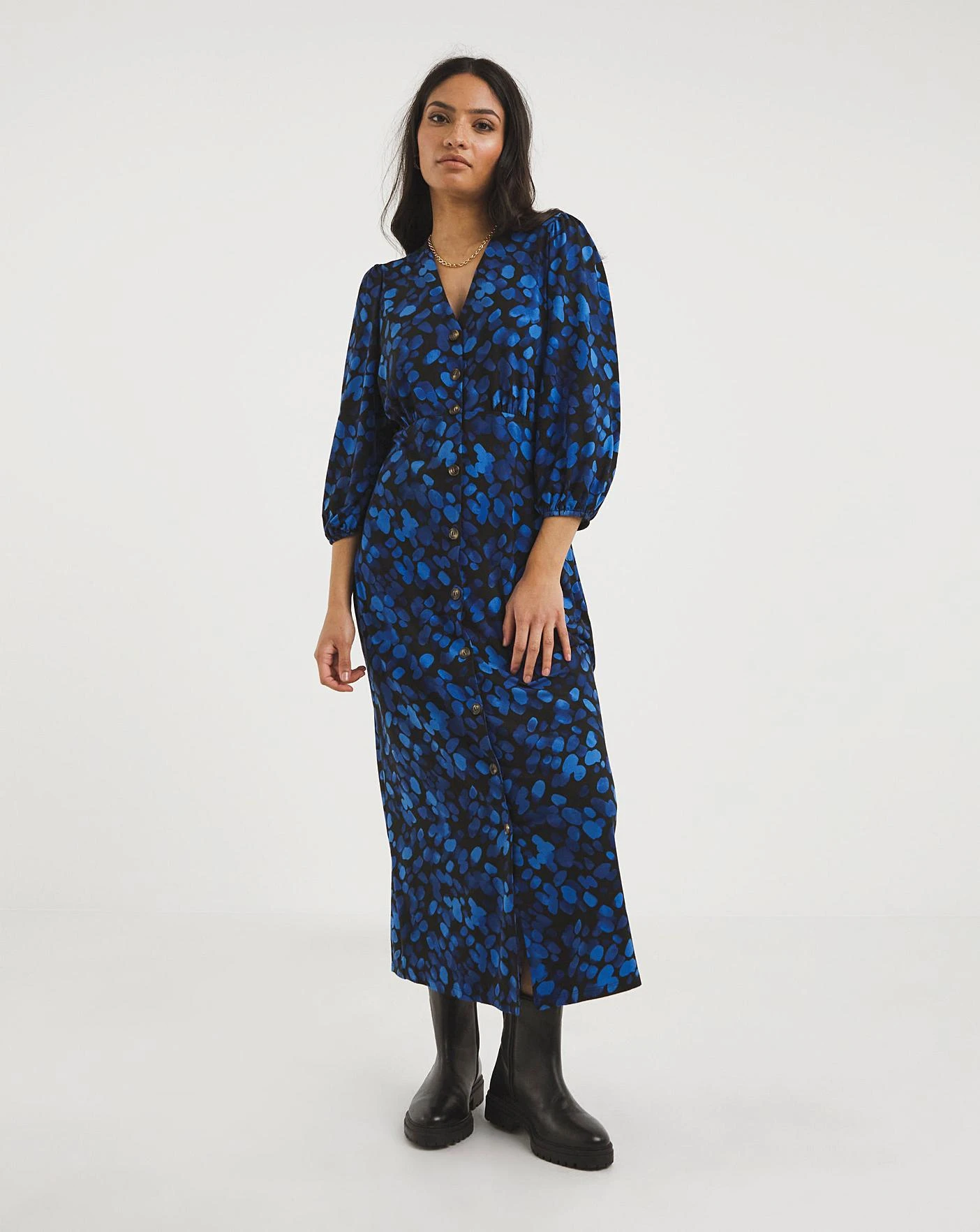 Soft Touch Button Front Midi Dress| Blue Print 1 Soft Touch Button Front Midi Dress| Blue Print