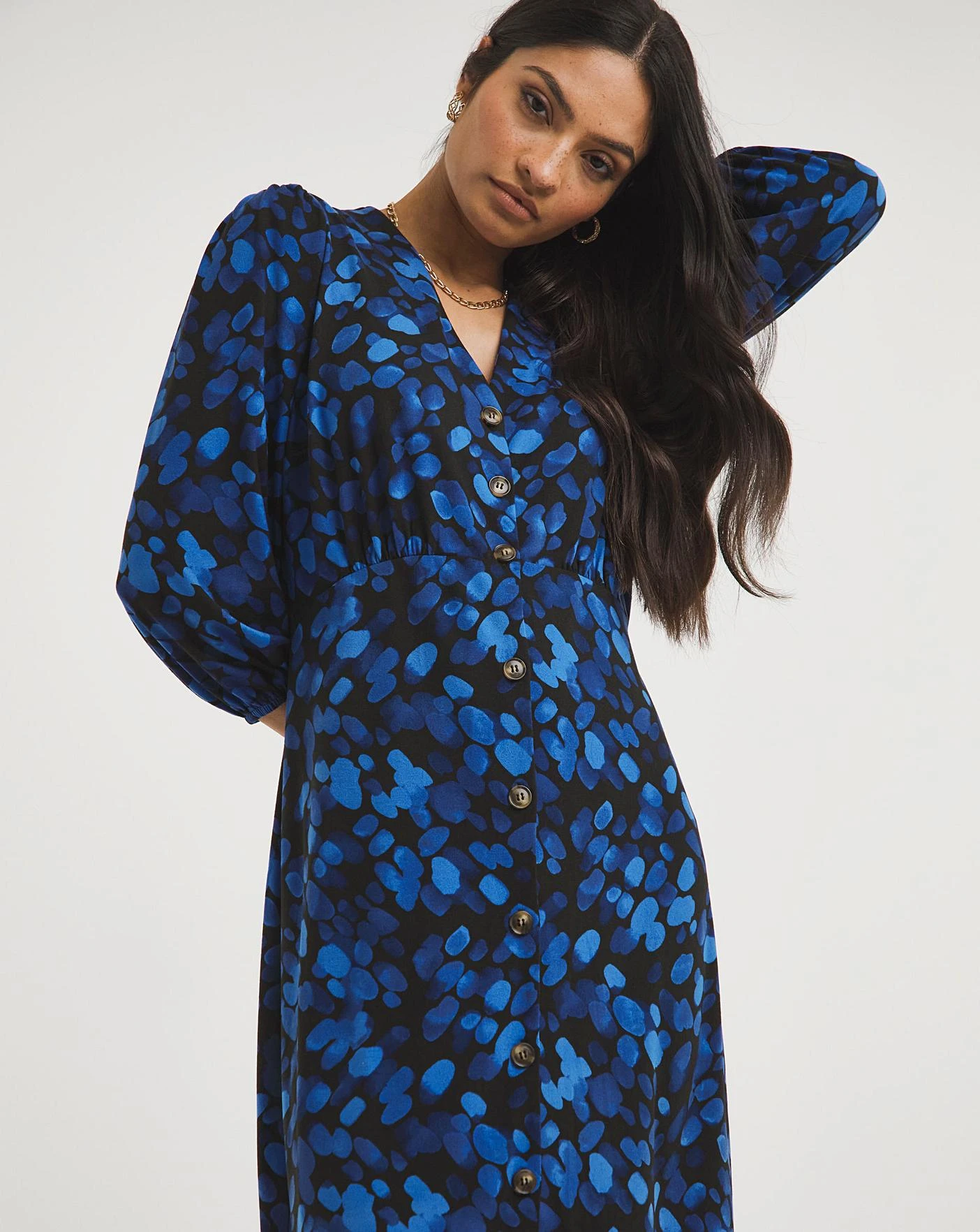 Soft Touch Button Front Midi Dress| Blue Print 3 Soft Touch Button Front Midi Dress| Blue Print - Image 3