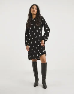 Balloon Sleeve Soft Touch A-Line Jersey Dress| Mono Print -MONSON Clothing Shop x01gh944708w