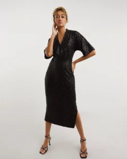 Closet London Sequin Kimono Pencil Dress| Black