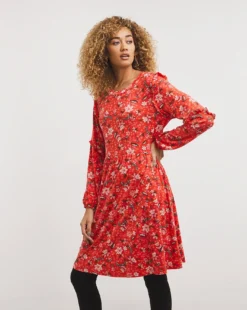Joe Browns Floral Frill Jersey Dress| Red -MONSON Clothing Shop x01if522720w