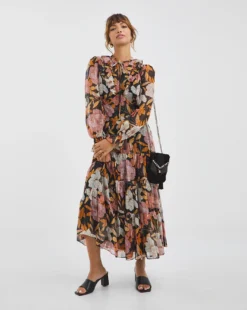 Joanna Hope Tiered Tie Neck Maxi Dress| Print