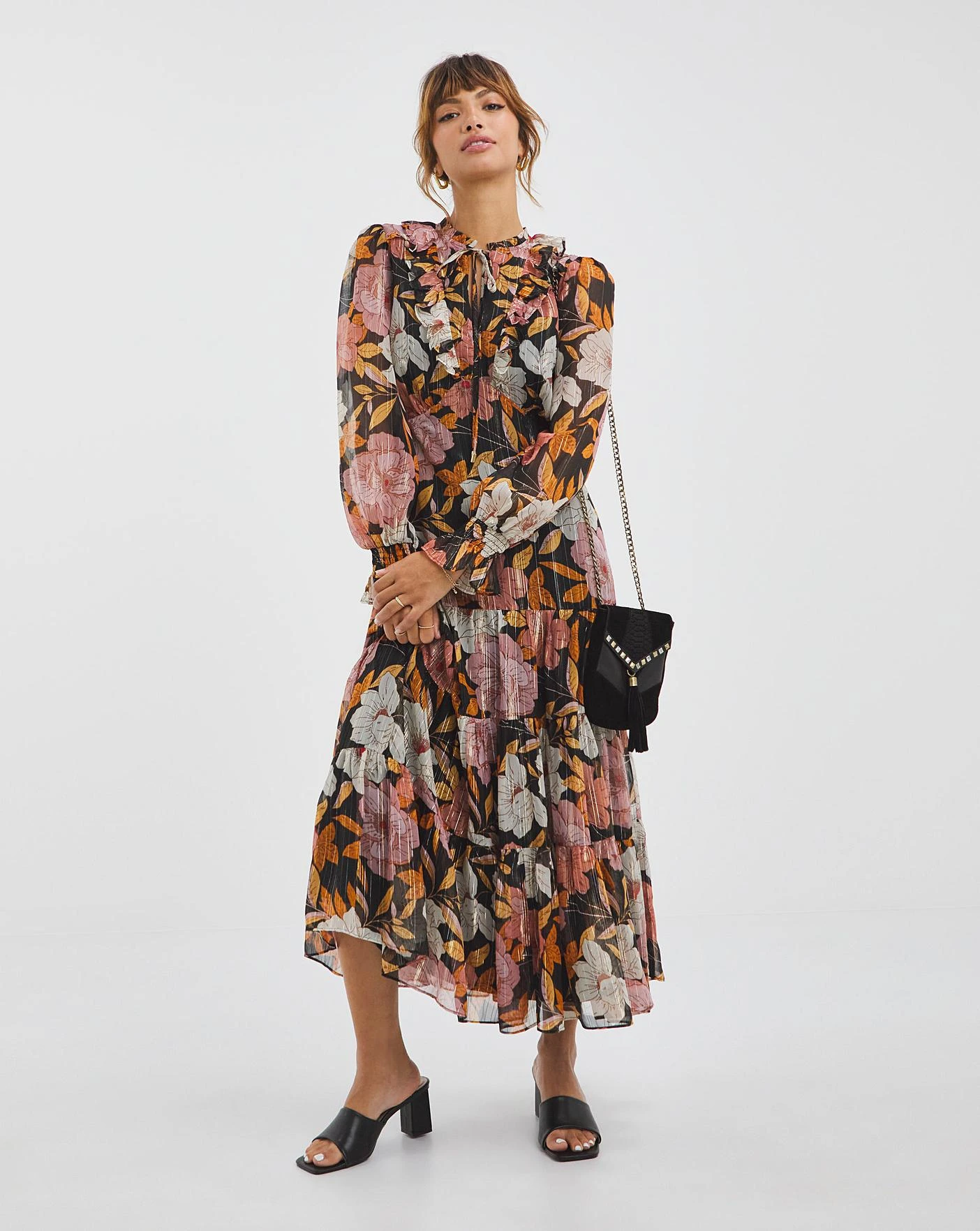 Joanna Hope Tiered Tie Neck Maxi Dress| Print 1 Joanna Hope Tiered Tie Neck Maxi Dress| Print