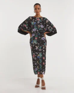 Joanna Hope Printed Batwing Midi Dress| Black Print