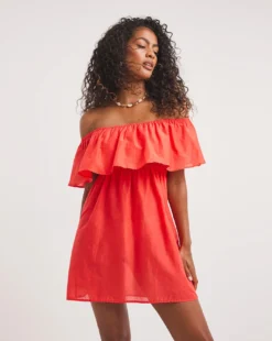 Simply Be Value Cotton Bardot Beach Dress| Red -MONSON Clothing Shop x01qs524736w