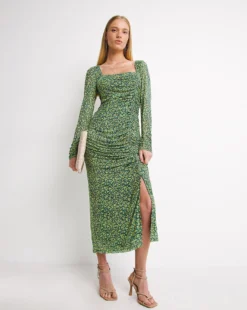 Whistles Ditsy Sunflower Print Ruched Mesh Dress| Green Multicolour