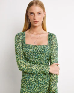 Whistles Ditsy Sunflower Print Ruched Mesh Dress| Green Multicolour -MONSON Clothing Shop x01re524753w