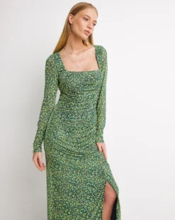 Whistles Ditsy Sunflower Print Ruched Mesh Dress| Green Multicolour -MONSON Clothing Shop x01re524756w