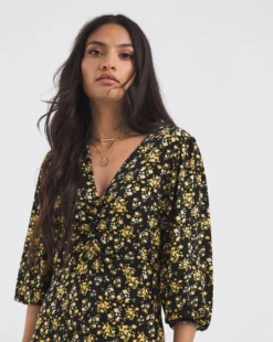 Ruched Front Jersey Midi Dress| Yellow Floral 8 Ruched Front Jersey Midi Dress| Yellow Floral -MONSON Clothing Shop x01rn038738w