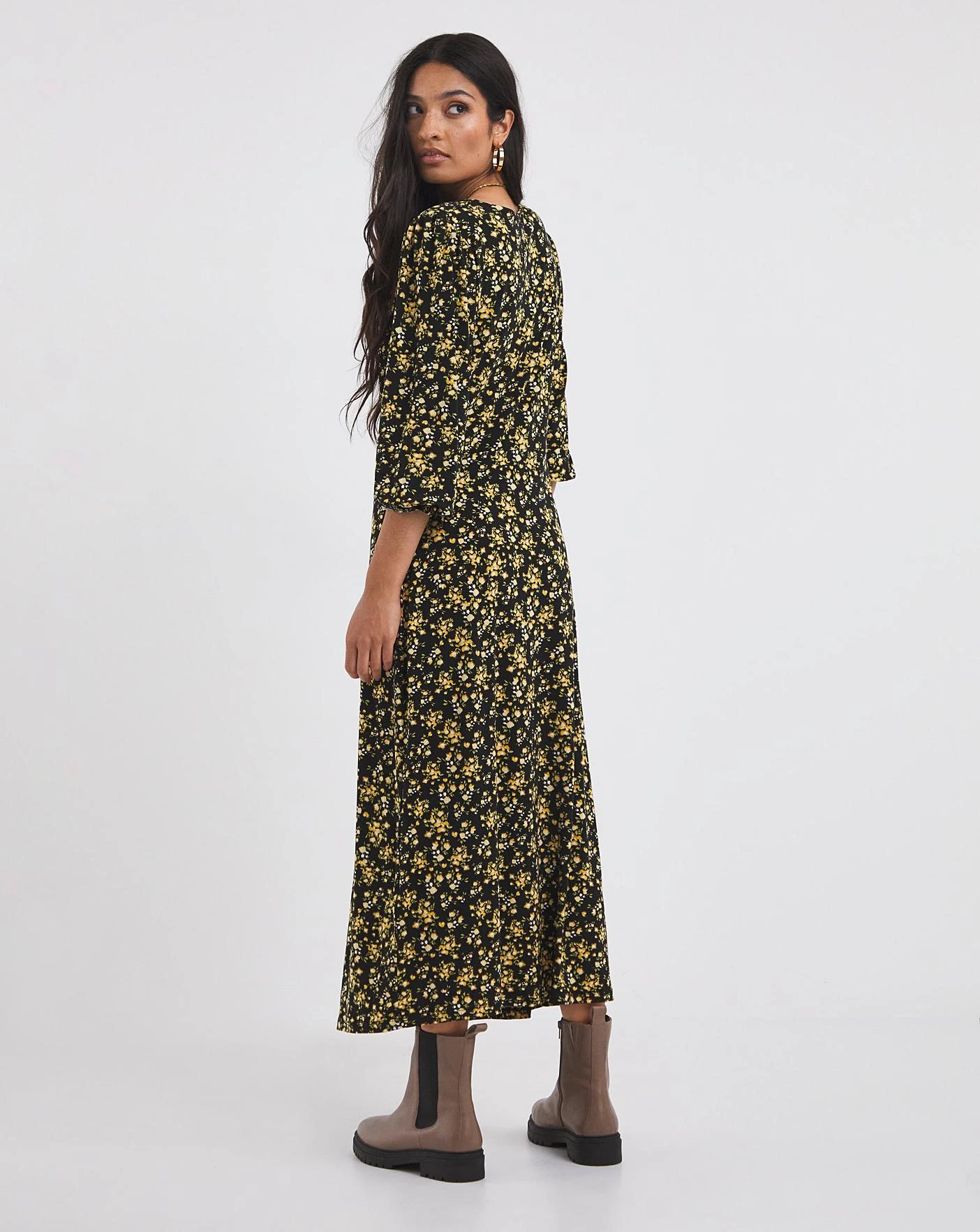 Ruched Front Jersey Midi Dress| Yellow Floral 2 Ruched Front Jersey Midi Dress| Yellow Floral - Image 2