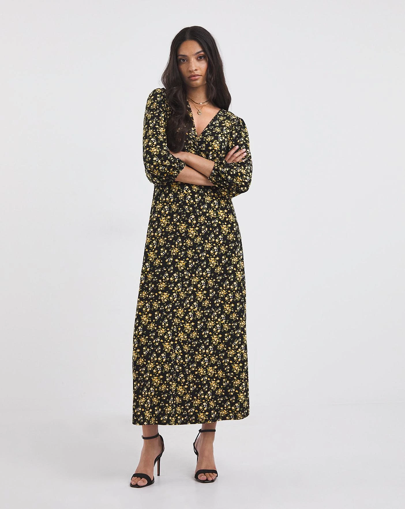 Ruched Front Jersey Midi Dress| Yellow Floral 5 Ruched Front Jersey Midi Dress| Yellow Floral - Image 5