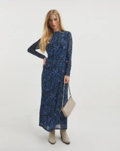 Whistles Boho Floral Minimal Mesh Dress| Blue Multi-coloured