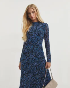 Whistles Boho Floral Minimal Mesh Dress| Blue Multi-coloured -MONSON Clothing Shop x01uv236736w