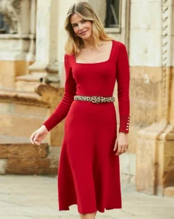 Sosandar Square Neck Gold Button Cuff Knitted Midi Dress| Red Multicolour -MONSON Clothing Shop x01uv560502s