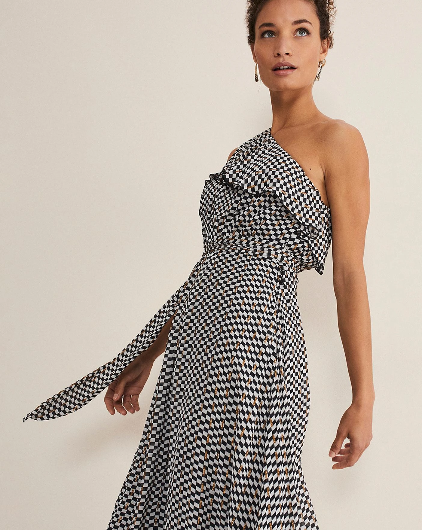 Phase Eight Kaz Check One Shoulder Dress| Black/White 2 Phase Eight Kaz Check One Shoulder Dress| Black/White - Image 2