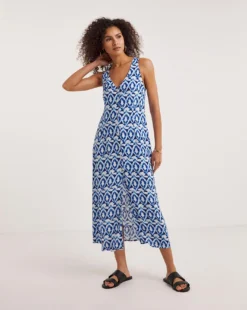 Ro&Zo Tile Print V Neck Midi Dress| Blue