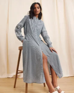 Anise Coralie Embroidered Sleeve Button Front Cotton Dress| Blue