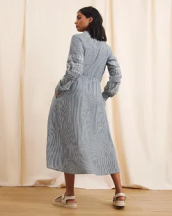 Anise Coralie Embroidered Sleeve Button Front Cotton Dress| Blue -MONSON Clothing Shop y01eg513503w