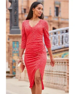 Sosandar Lace 3/4 Dress| Pink