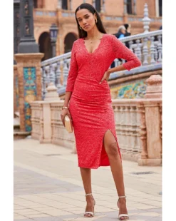 Sosandar Lace 3/4 Dress| Pink -MONSON Clothing Shop y01hp381501s