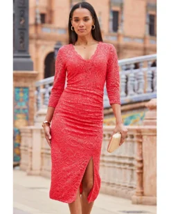 Sosandar Lace 3/4 Dress| Pink -MONSON Clothing Shop y01hp381503s