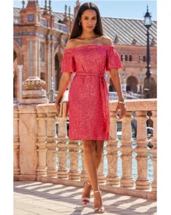 Sosandar Sequin Bardot Belted Shift Dress| Coral -MONSON Clothing Shop y01hp539500s