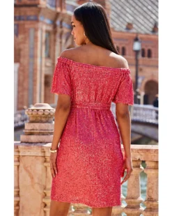 Sosandar Sequin Bardot Belted Shift Dress| Coral -MONSON Clothing Shop y01hp539502s