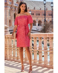 Sosandar Sequin Bardot Belted Shift Dress| Coral -MONSON Clothing Shop y01hp539503s