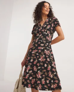 Joe Browns Short Sleeve Jersey Floral Wrap Midi Dress| Black Multi -MONSON Clothing Shop y01if705741w