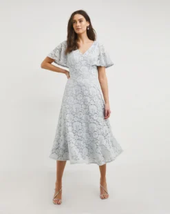 Joanna Hope Silver Lace Midi Dress| Silver