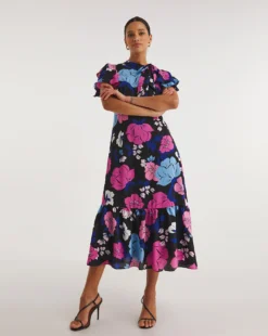 Joanna Hope Tie Neck Midi Dress| Black Print