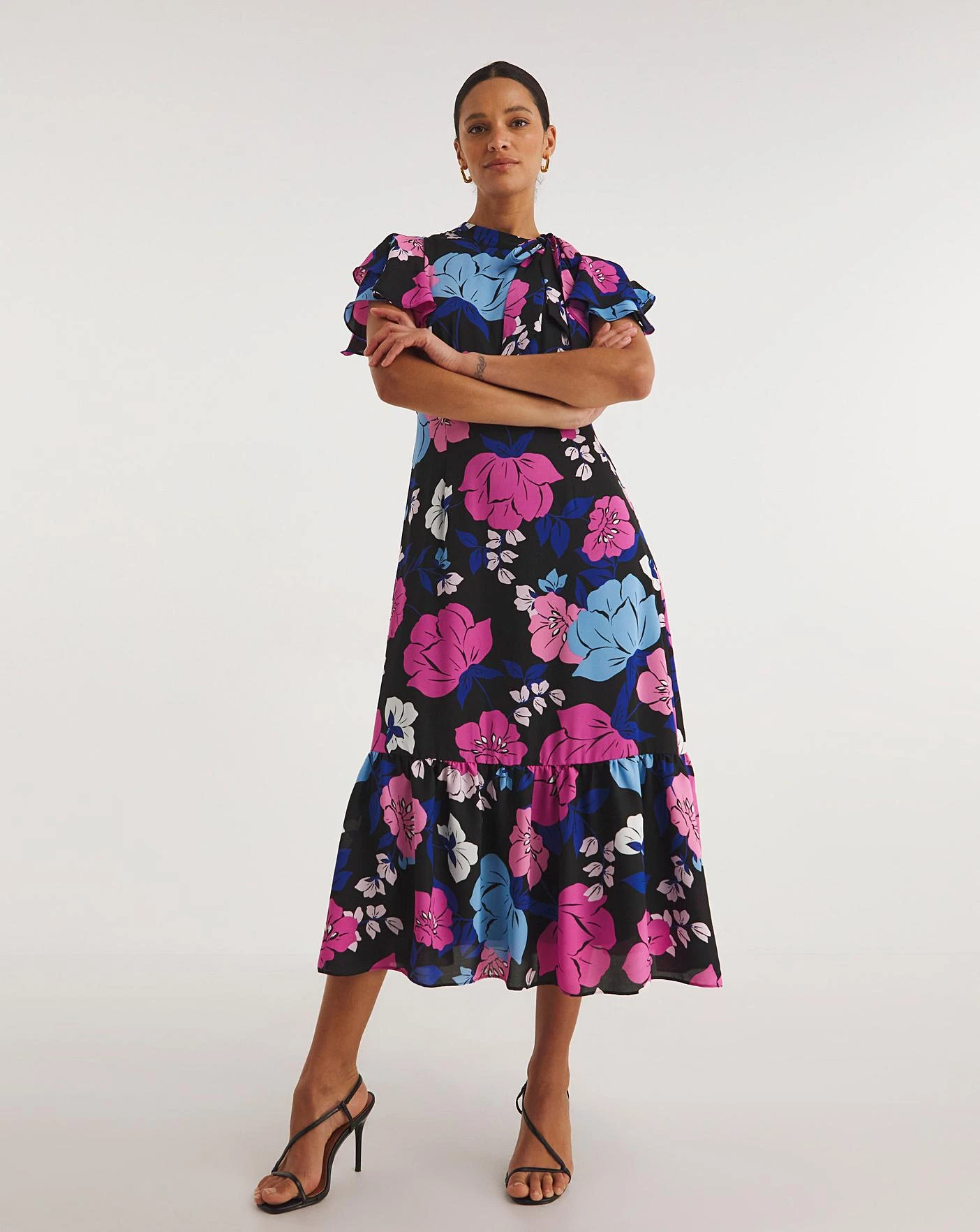 Joanna Hope Tie Neck Midi Dress| Black Print 1 Joanna Hope Tie Neck Midi Dress| Black Print