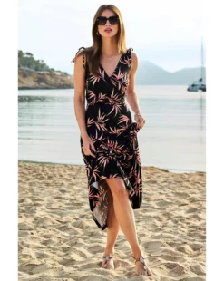 Sosandar Tropical Print Tie Shoulder Jersey Maxi Dress| Black Multi -MONSON Clothing Shop y01re076500s