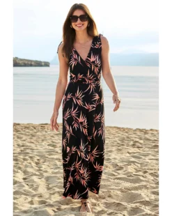 Sosandar Tropical Print Tie Shoulder Jersey Maxi Dress| Black Multi -MONSON Clothing Shop y01re076501s