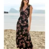 Sosandar Tropical Print Tie Shoulder Jersey Maxi Dress| Black Multi