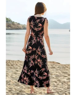 Sosandar Tropical Print Tie Shoulder Jersey Maxi Dress| Black Multi -MONSON Clothing Shop y01re076503s