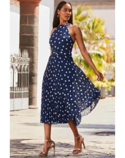 Sosandar Spot Halter Neck Pleated Skirt Dress| Navy Multi -MONSON Clothing Shop y01re080612s