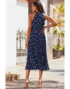 Sosandar Spot Halter Neck Pleated Skirt Dress| Navy Multi -MONSON Clothing Shop y01re080614s