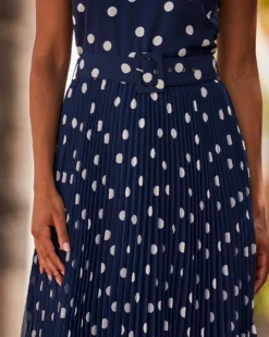 Sosandar Spot Halter Neck Pleated Skirt Dress| Navy Multi -MONSON Clothing Shop y01re080615s