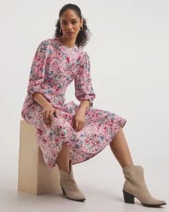 Empire Midi Tea Dress| Pink Multi-coloured