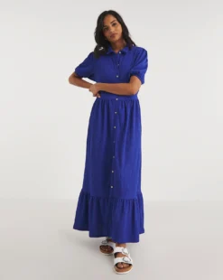 Textured Jersey Midi Shirt Dress| Cobalt Blue