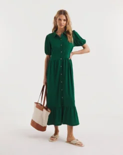 Textured Jersey Midi Shirt Dress| Green